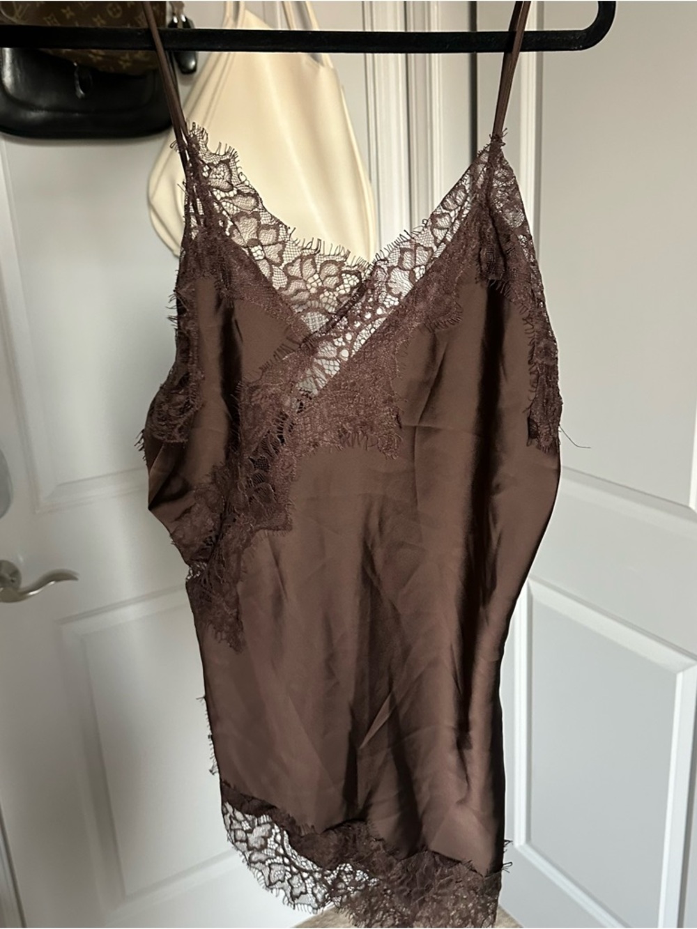 Brown Lace-Trim Satin Tank